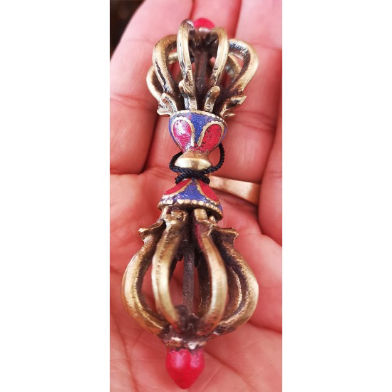 Vajra/Dorje with Stone (9 Faces) - Beautiful Decorative ritual weapon, Green colored, Hand worked in Nepal - Small Size (9*9.5 cm, 3.5*3.7 inch)