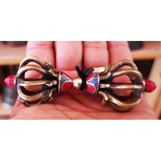 Vajra/Dorje with Stone (9 Faces) - Beautiful Decorative ritual weapon, Green colored, Hand worked in Nepal - Small Size (9*9.5 cm, 3.5*3.7 inch)