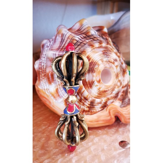 Vajra/Dorje with stone - Beautiful Decorative ritual weapon, Green colored, Hand worked in Nepal - Small Size (8*10 cm, 3.1*3.9 inch)