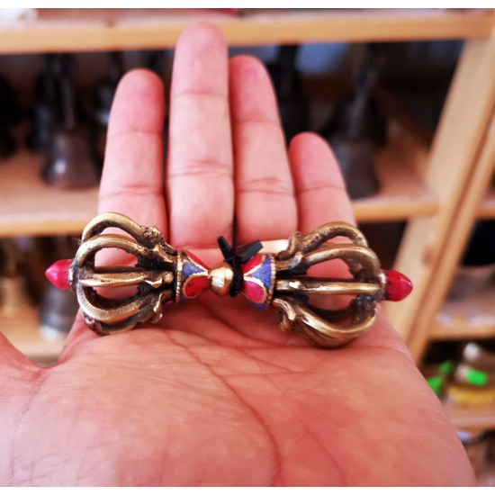 Vajra/Dorje with stone - Beautiful Decorative ritual weapon, Green colored, Hand worked in Nepal - Small Size (8*10 cm, 3.1*3.9 inch)