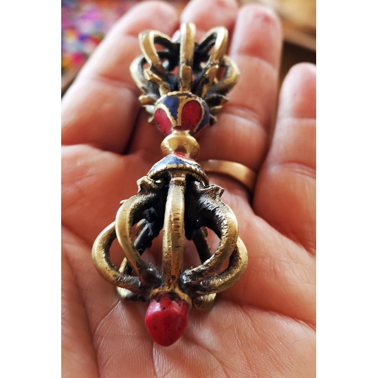 Vajra/Dorje with stone - Beautiful Decorative ritual weapon, Green colored, Hand worked in Nepal - Small Size (8*10 cm, 3.1*3.9 inch)