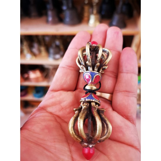 Vajra/Dorje with stone - Beautiful Decorative ritual weapon, Green colored, Hand worked in Nepal - Small Size (8*10 cm, 3.1*3.9 inch)