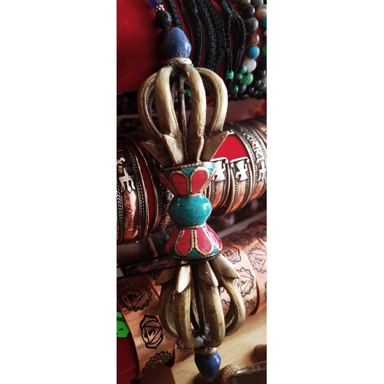 Vajra/Dorje (9 faces) with turquoise & coral- Beautiful Decorative ritual weapon, Hand worked in Nepal - Medium Size (14*18.3 cm, 5.5*7.08 inch)