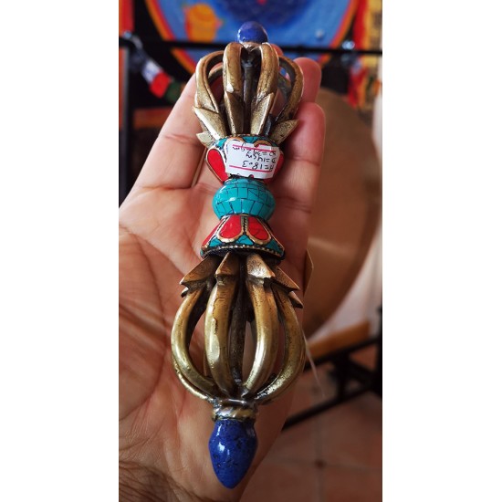 Vajra/Dorje (9 faces) with turquoise & coral- Beautiful Decorative ritual weapon, Hand worked in Nepal - Medium Size (14*18.3 cm, 5.5*7.08 inch)