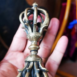 Vajra/Dorje (9 faces) - Beautiful Decorative ritual weapon, Dim Yellow colored, Hand worked in Nepal - Medium Size (14*15.5 cm, 5.5*6.1 inch)