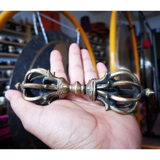 Vajra/Dorje (9 faces) - Beautiful Decorative ritual weapon, Dim Yellow colored, Hand worked in Nepal - Medium Size (15*15.7 cm, 5.9*6.1 inch)