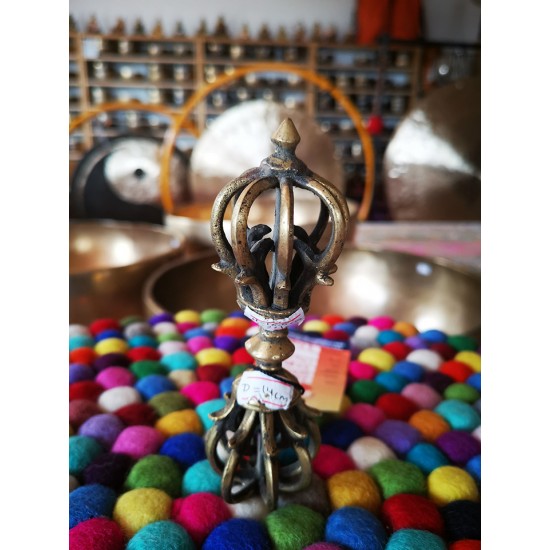 Vajra/Dorje (9 faces) - Beautiful Decorative ritual weapon, Dim Yellow colored, Hand worked in Nepal - Medium Size (15*15.7 cm, 5.9*6.1 inch)