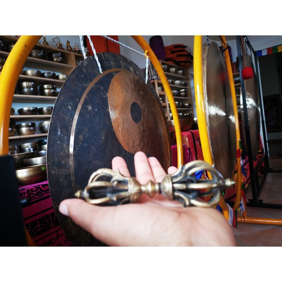 Vajra/Dorje (9 faces) - Beautiful Decorative ritual weapon, Dim Yellow colored, Hand worked in Nepal - Medium Size (15*15.7 cm, 5.9*6.1 inch)