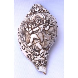 Conch Shell, powerful ancient healing (therapeutic) instrument, Hand work, Carving Conch Shell, Nataraj (Dancing Shiva), Cream Color - Medium Size (19*29cm, 7.48*11.41 inch)