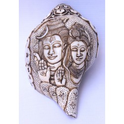 Conch Shell, powerful ancient healing (therapeutic) instrument, Hand work, Carving Conch Shell, Shiva Parvati, Cream Color - Large Size (22*34.5 cm, 8.66*13.58 inch)