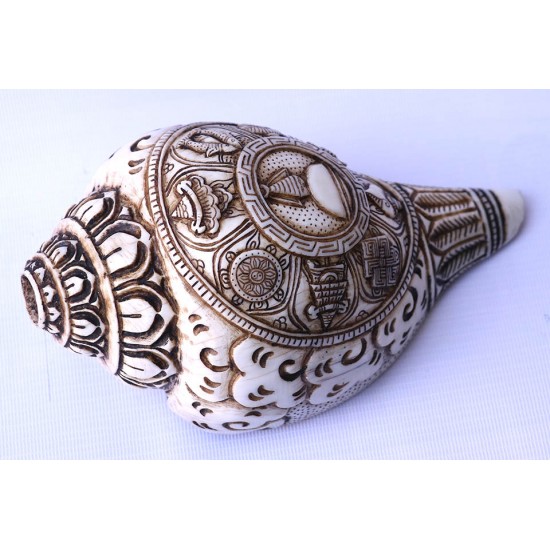 Conch Shell, powerful ancient healing (therapeutic) instrument, Hand work, Eight Auspicious and Stupa Carved, Cream Color Carving Conch Shell - Large Size (23.5*36 cm, 9.25*14.17 inch)