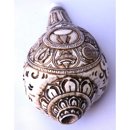 Conch Shell, powerful ancient healing (therapeutic) instrument, Hand work, Eight Auspicious and Stupa Carved, Cream Color Carving Conch Shell - Large Size (23.5*36 cm, 9.25*14.17 inch)
