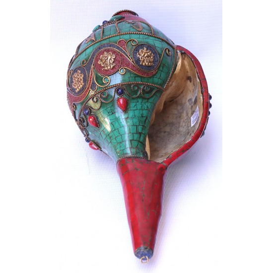 Conch Shell, powerful ancient healing (therapeutic) instrument, Hand work, Green Stone, Bajra and Coral (Eight Auspicious and Om Mane Padme Hum), Cream, Red and Green Color - Large Size (32*41 cm, 12.59*16.14 inch)