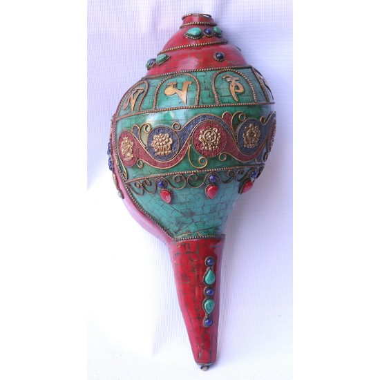 Conch Shell, powerful ancient healing (therapeutic) instrument, Hand work, Green Stone, Bajra and Coral (Eight Auspicious and Om Mane Padme Hum), Cream, Red and Green Color - Large Size (32*41 cm, 12.59*16.14 inch)
