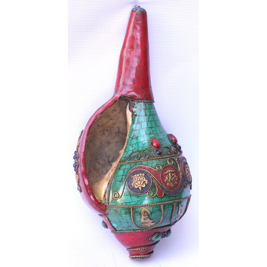 Conch Shell, powerful ancient healing (therapeutic) instrument, Hand work, Green Stone, Bajra and Coral (Eight Auspicious and Om Mane Padme Hum), Cream, Red and Green Color - Large Size (32*41 cm, 12.59*16.14 inch)