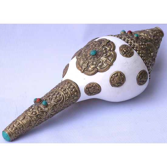 Brass Metal Conch Shell, powerful ancient healing (therapeutic) instrument, Hand work, White and Yellow Color -Extra Large Size (38*42.5 cm, 10.62*11.41 inch)