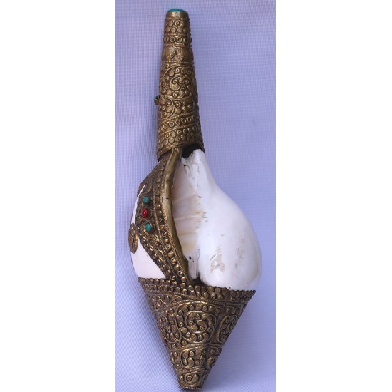 Brass Metal Conch Shell, powerful ancient healing (therapeutic) instrument, Hand work, White and Yellow Color -Extra Large Size (38*42.5 cm, 10.62*11.41 inch)