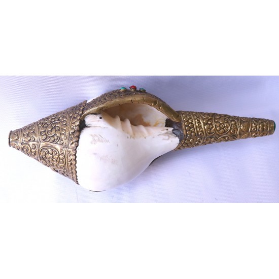 Brass Metal Conch Shell, powerful ancient healing (therapeutic) instrument, Hand work, White and Yellow Color -Extra Large Size (38*42.5 cm, 10.62*11.41 inch)