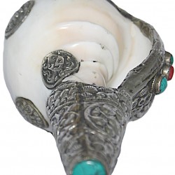 Metal Conch Shell(SHANKHA), powerful ancient healing (therapeutic) instrument, Hand work, Beautiful Design, White Color - Small Size (24*29*9 cm, 9.4*9.4*3.5 inch)