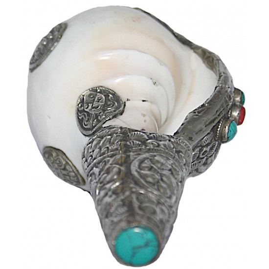 Metal Conch Shell(SHANKHA), powerful ancient healing (therapeutic) instrument, Hand work, Beautiful Design, White Color - Small Size (24*29*9 cm, 9.4*9.4*3.5 inch)