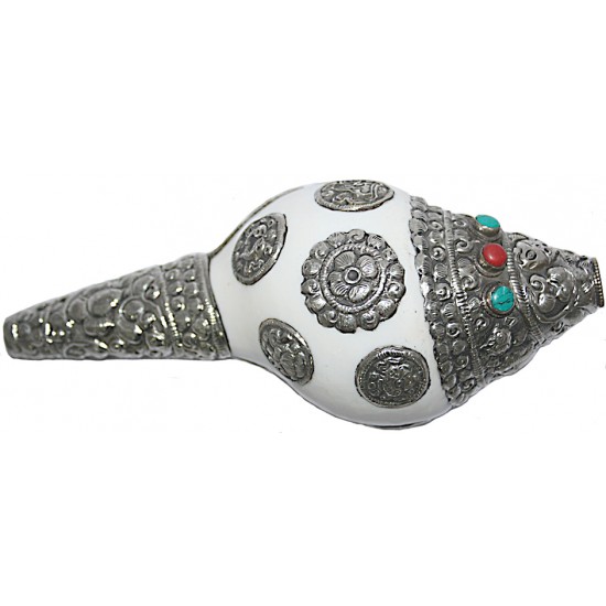 Metal Conch Shell(SHANKHA), powerful ancient healing (therapeutic) instrument, Hand work, Beautiful Design, White Color - Small Size (24*29*9 cm, 9.4*9.4*3.5 inch)