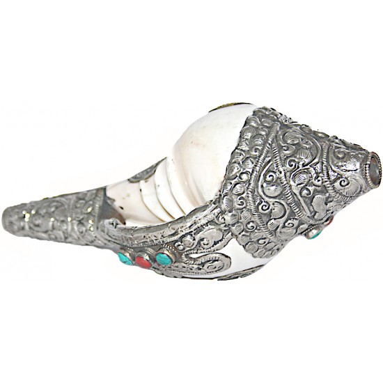 Metal Conch Shell(SHANKHA), powerful ancient healing (therapeutic) instrument, Hand work, Beautiful Design, White Color - Small Size (24*29*9 cm, 9.4*9.4*3.5 inch)