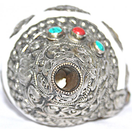 Metal Conch Shell(SHANKHA), powerful ancient healing (therapeutic) instrument, Hand work, Beautiful Design, White Color - Small Size (24*29*9 cm, 9.4*9.4*3.5 inch)