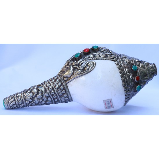 Metal Conch Shell(SHANKHA), powerful ancient healing (therapeutic) instrument, Hand work, Beautiful Design, White Color - Small Size (26*31*9 cm, 10.2*12.2*3.5 inch)