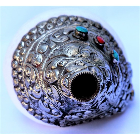 Metal Conch Shell(SHANKHA), powerful ancient healing (therapeutic) instrument, Hand work, Beautiful Design, White Color - Small Size (26*31*9 cm, 10.2*12.2*3.5 inch)