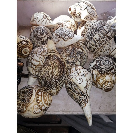Pancha Buddha Carving Conch Shell(SANKHA), powerful ancient healing (therapeutic) instrument, Hand work, White Color - Medium Size (19.5*30 cm, 7.6*11.8 inch)