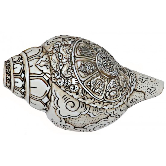 Eight Auspisious Carving Conch Shell(SANKHA), powerful ancient healing (therapeutic) instrument, Hand work, White Color - Medium Size (21.5*33.5 cm, 8.4*13.1 inch)