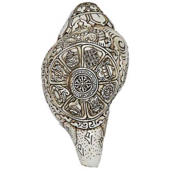 Eight Auspisious White Metal Conch Shell(SANKHA), powerful ancient healing (therapeutic) instrument, Hand work, White Metal Color - Large Size (29.5*35.5 cm, 11.6*13.9 inch)