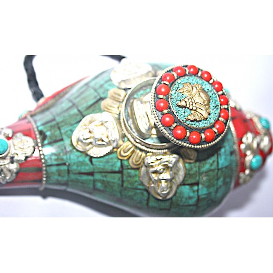 Conch Shell, powerful ancient healing (therapeutic) instrument, Hand work, Turquoise stone, Single Buddha, Green Color - Large Size (36.1*30 cm, 14.2*11.8 inch)