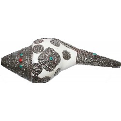 Metal Conch Shell (SHANKHA),  powerful ancient healing (therapeutic) instrument-Hand work, Beautiful Design, White Color - Medium Size (29.5*24.2 cm, 11.6*9.5 inch)