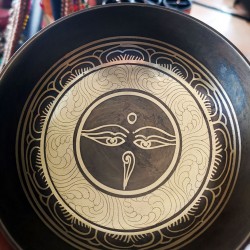 Cast-Moulded, Wellbeing, Normal, Tibetan, Brass, Manipuri, Om Written in Sanskrit (out side)/Buddha Eye (inside) Etching, Singing Bowl - Extra Small Size (15*5 cm, 5.9*1.9 inch)