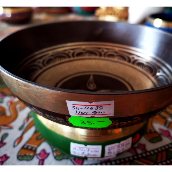 Cast-Moulded, Wellbeing, Normal, Tibetan, Brass, Manipuri, Om Written in Sanskrit (out side)/Buddha Eye (inside) Etching, Singing Bowl - Extra Small Size (15*5 cm, 5.9*1.9 inch)