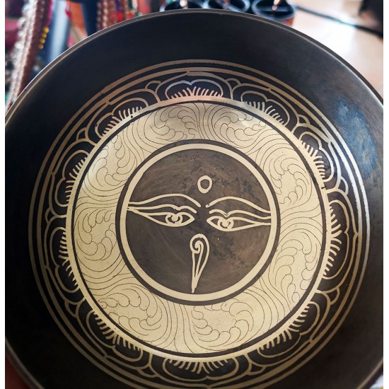 Cast-Moulded, Wellbeing, Normal, Tibetan, Brass, Manipuri, Om Written in Sanskrit (out side)/Buddha Eye (inside) Etching, Singing Bowl - Extra Small Size (15*5 cm, 5.9*1.9 inch)