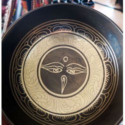 Cast-Moulded, Wellbeing, Normal, Tibetan, Brass, Manipuri, Om Written in Sanskrit (out side)/Buddha Eye (inside) Etching, Singing Bowl - Extra Small Size (15*5 cm, 5.9*1.9 inch)