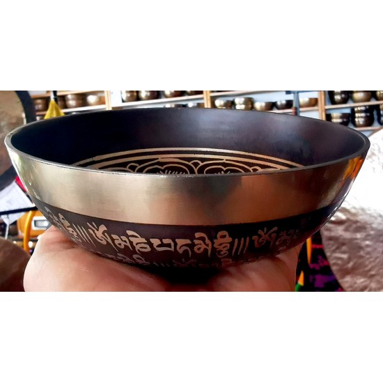 Cast-Moulded, Wellbeing, Normal, Tibetan, Brass, Manipuri, Om Written in Sanskrit (out side)/Buddha Eye (inside) Etching, Singing Bowl - Extra Small Size (15*5 cm, 5.9*1.9 inch)