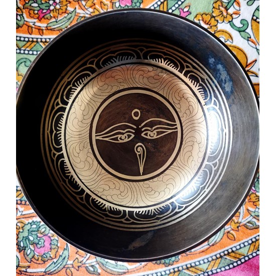 Cast-Moulded, Wellbeing, Normal, Tibetan, Brass, Manipuri, Om Written in Sanskrit (out side)/Buddha Eye (inside) Etching, Singing Bowl - Extra Small Size (15*5 cm, 5.9*1.9 inch)