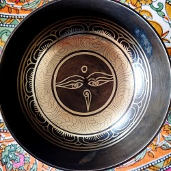 Cast-Moulded, Wellbeing, Normal, Tibetan, Brass, Manipuri, Om Written in Sanskrit (out side)/Buddha Eye (inside) Etching, Singing Bowl - Extra Small Size (15*5 cm, 5.9*1.9 inch)