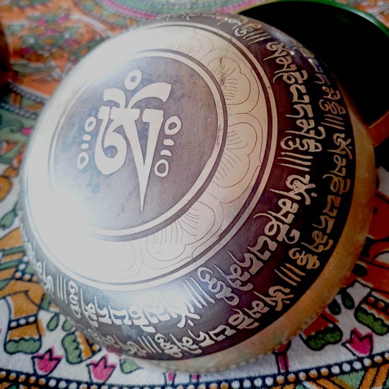 Cast-Moulded, Wellbeing, Normal, Tibetan, Brass, Manipuri, Om Written in Sanskrit (out side)/Flower of Life (inside) Etching, Singing Bowl - Extra Small Size (15*5 cm, 5.9*1.9 inch)